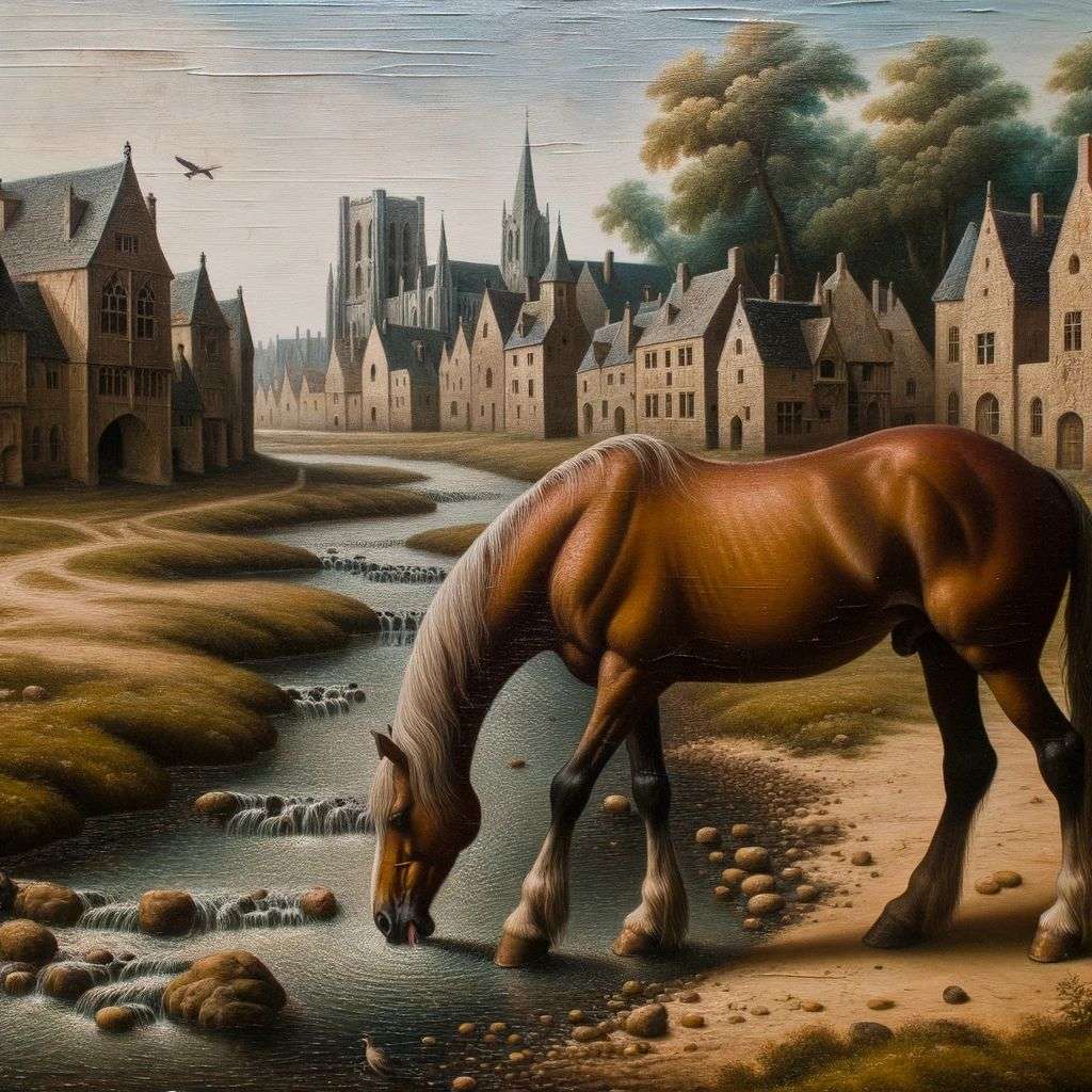 a horse, painting from the 14th century